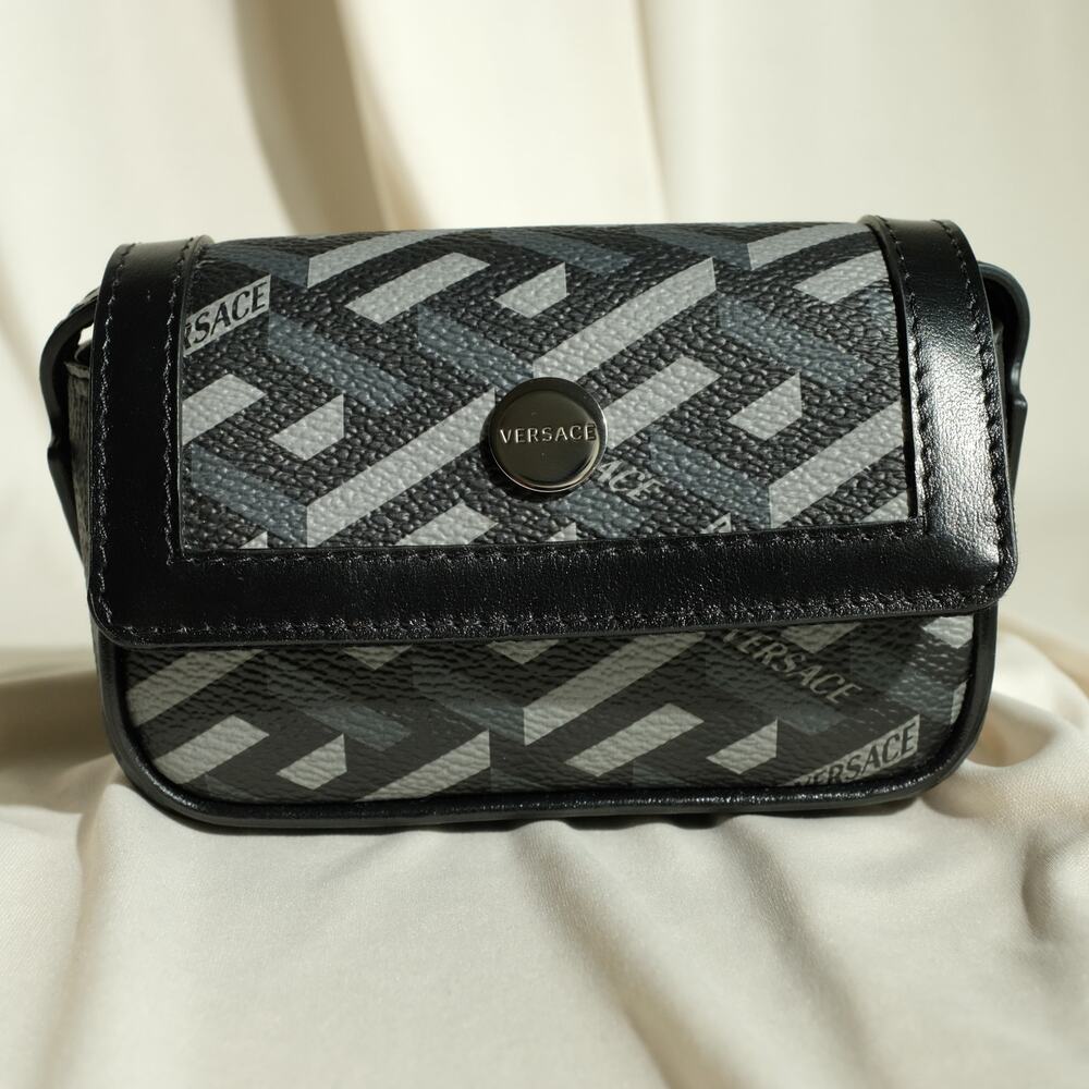 Versace La Greca Mini Bag Coated Canvas Monogram & Calf Leather -Black + Gray